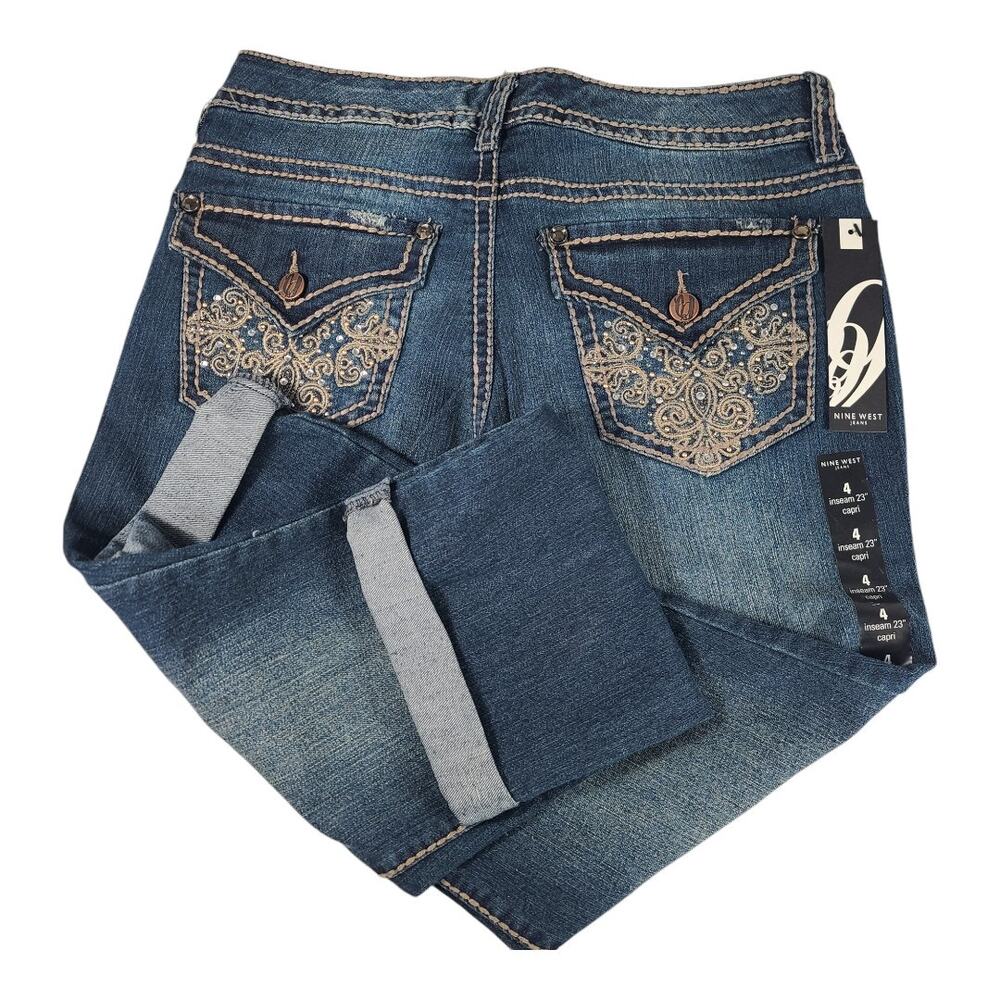 Nine West Blue Denim Capri Jeans Bling Flap Pockets Heavy Stitching NEW 4 27